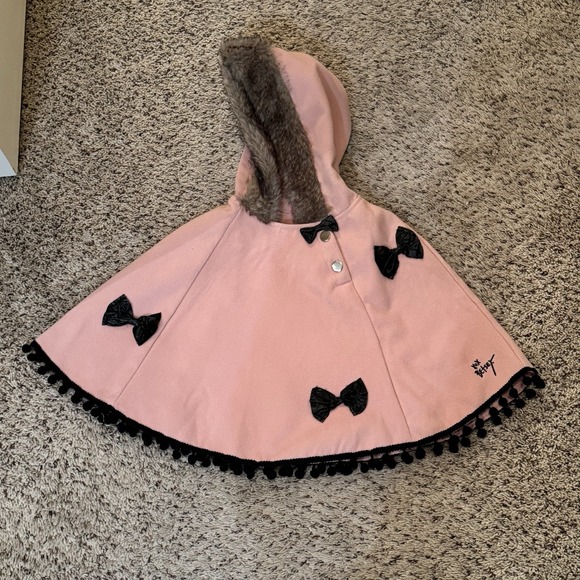 Betsey Johnson Other - Betsey Johnson Pink Hooded Cape Coat Faux Fur Trim Pom Pom Hem Black Bow Girls 6
